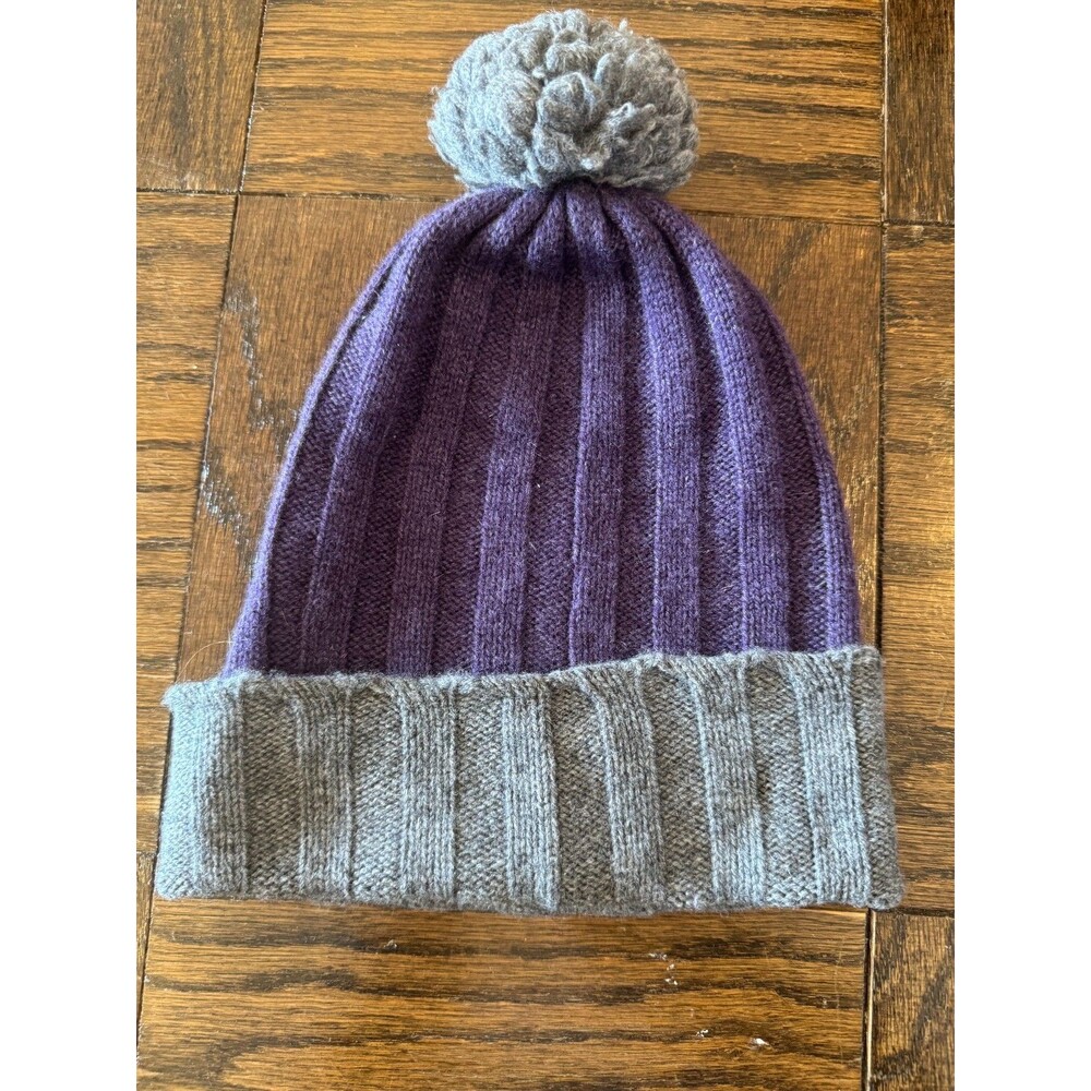 Luxury 100% Cashmere Ribbed Knit Pom-Pom Beanie – Two-Tone Purple & Grey